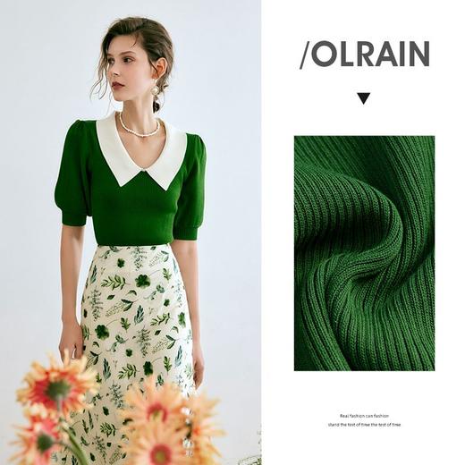 欧芮儿翻领针织衫女夏季2022新款修身法式复古撞色泡泡袖薄款上衣 商品图2