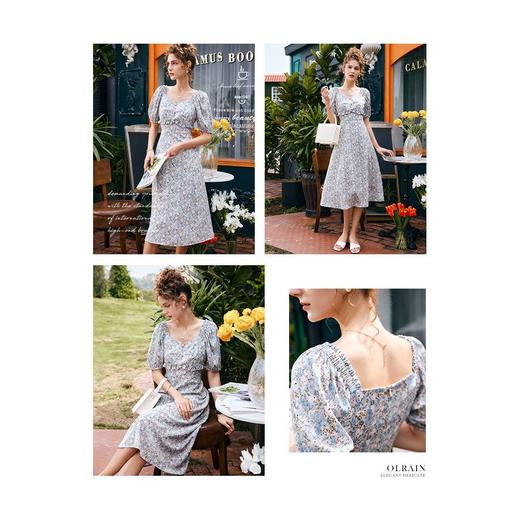 欧芮儿碎花雪纺连衣裙女夏季2022年新款收腰法式泡泡袖蓝色大摆裙 商品图3