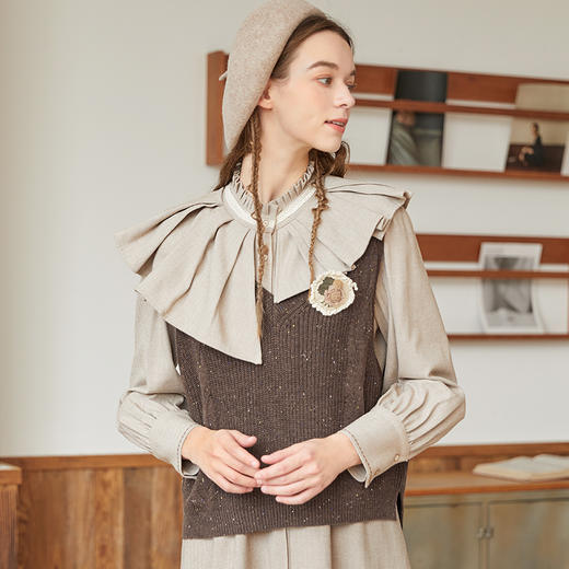 Famecoco范可儿加厚毛衣马甲女季肌理感V领羊毛保暖无袖背心坎肩F228CA009 商品图3