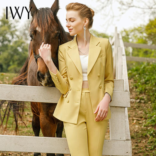 IWY/黄色西装套装长袖高级双排扣总裁西服主持人服装微喇裤工作服221004C1+P3 商品图2
