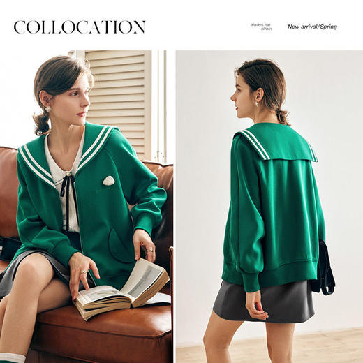 OLrain法式绿色短外套女早秋2022年新款薄款减龄学院风海军领上衣 商品图1