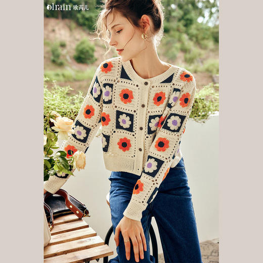 OLrain欧芮儿法式杏色针织开衫女秋季2022年新款复古修身圆领上衣 商品图5