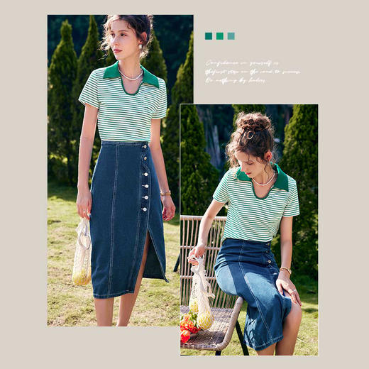 OLrain法式高级穿搭条纹T恤女夏季2022年新款polo领撞色冰爽上衣 商品图3