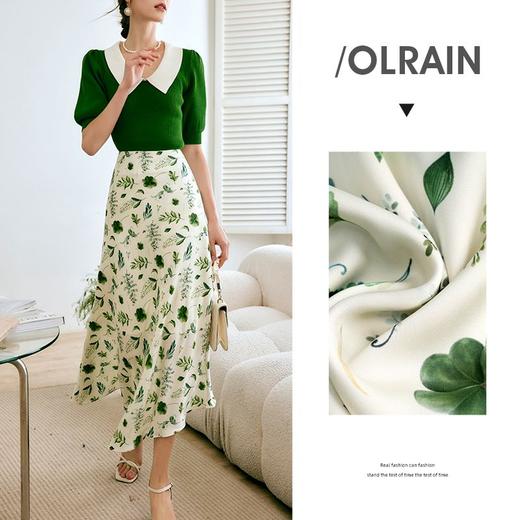 欧芮儿碎花半身裙女夏季2022新款高腰时尚不规则仿真丝a字伞摆裙 商品图2