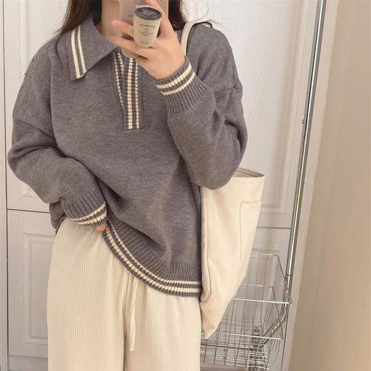 黛唯梵早秋新款拼色POLO领套头毛衣学院风减龄时尚百搭针织撞色上衣女潮 商品图1