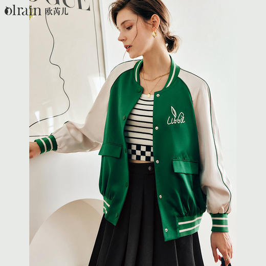 OLrain法式缎面短外套女早秋2022年新款宽松撞色刺绣高级感棒球服 商品图4