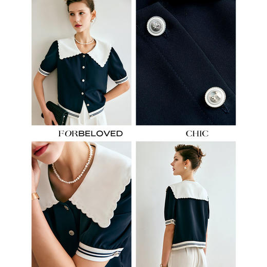 欧芮儿海军领衬衫女夏季2022年新款宽松减龄刺绣撞色设计感衬衣 商品图6