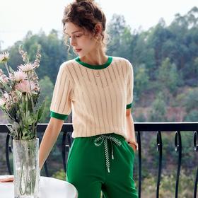 欧芮儿套头针织衫女夏季2022年新款时尚复古镂空撞色麻花薄款上衣