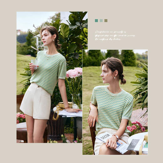 欧芮儿碎花针织衫女夏季2022年新款修身时尚冰爽丝薄款套头上衣 商品图3