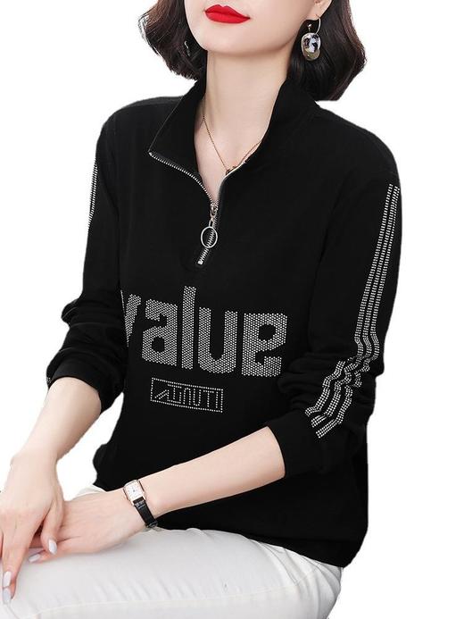 MZ 10074半高领拉链开扣棉质卫衣烫钻上衣 商品图1