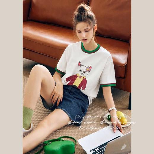 OLrain法式白色短袖T恤女夏季2022新款宽松显瘦撞色猫咪圆领上衣 商品图0