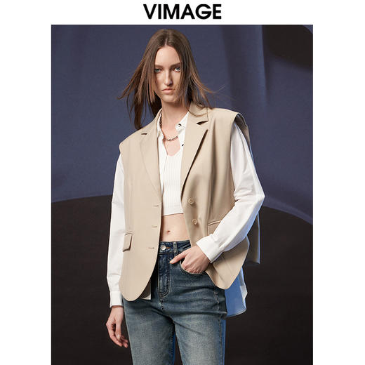 VIMAGE纬漫纪秋季新款时尚百搭马甲简约干练修身西装马夹女薄外套V1803422  商品图0