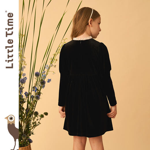 littletime秋季女童赫本风小黑裙2022新款女大童灯笼袖丝绒连衣裙 商品图2