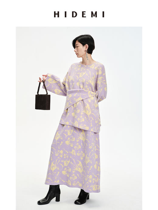 HIDEMI 美利奴羊毛主题花卉系列圆领大廓形针织毛衣厚款三件套 大毛衣/半身裙/围巾 商品图0