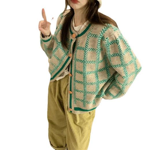 2022春秋新款日系复古慵懒撞色格子宽松针织开衫女毛衣外套上衣 商品图4