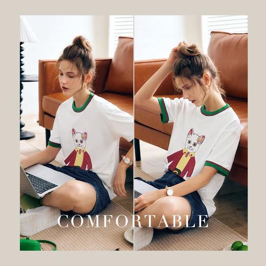 OLrain法式白色短袖T恤女夏季2022新款宽松显瘦撞色猫咪圆领上衣 商品图2