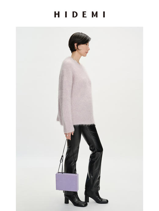HIDEMI 羊驼毛臻品长毛绒感亲肤加厚廓形高级粉圆领大毛衣 商品图5