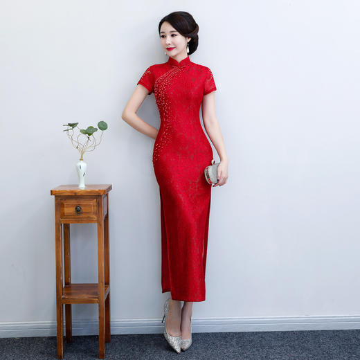 长款钉珠旗袍蕾丝气质领口镂空苏州改良旗袍连衣裙JLM2033 商品图0