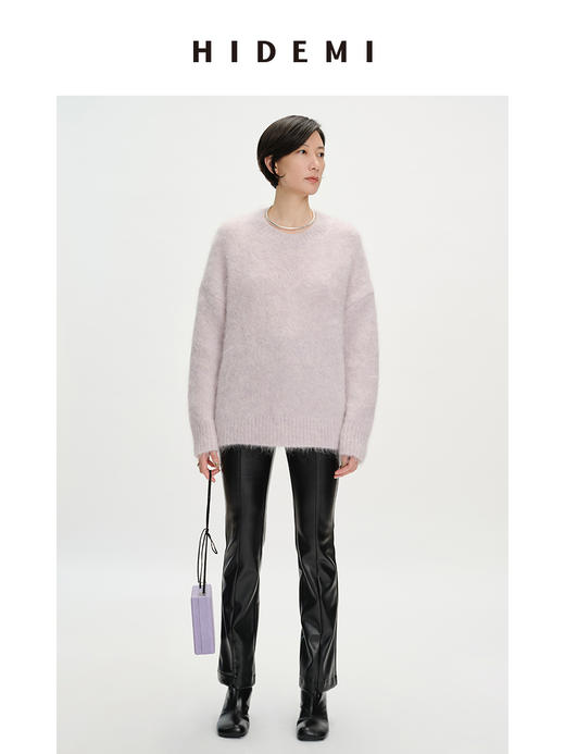 HIDEMI 羊驼毛臻品长毛绒感亲肤加厚廓形高级粉圆领大毛衣 商品图1