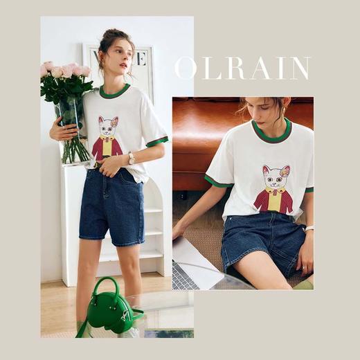 OLrain法式白色短袖T恤女夏季2022新款宽松显瘦撞色猫咪圆领上衣 商品图1