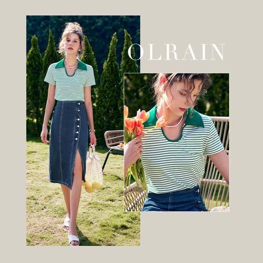 OLrain法式高级穿搭条纹T恤女夏季2022年新款polo领撞色冰爽上衣 商品图1