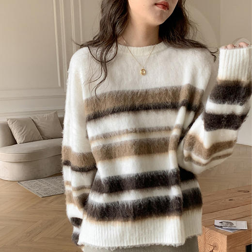 黛唯梵韩版条纹慵懒风毛衣女秋冬宽松套头针织衫外穿软糯休闲学院风上衣 商品图2