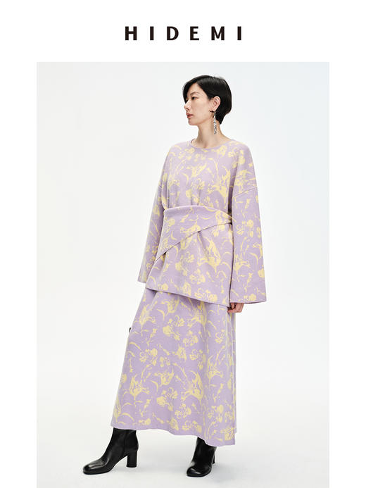 HIDEMI 美利奴羊毛主题花卉系列圆领大廓形针织毛衣厚款三件套 大毛衣/半身裙/围巾 商品图2