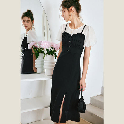 OLrain法式高级穿搭黑色短袖连衣裙女夏季2022新款吊带假两件裙子 商品图4