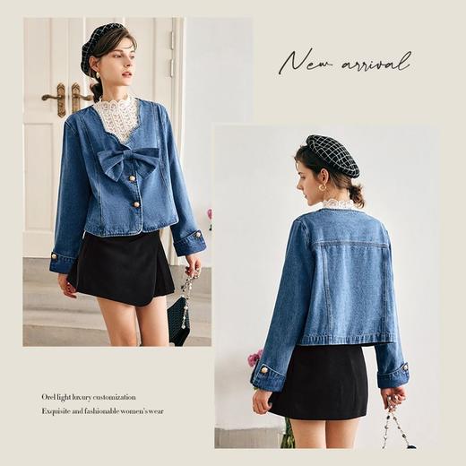 OLrain法式牛仔蓝短外套女早秋2022年新款设计感蝴蝶结花瓣领上衣 商品图3