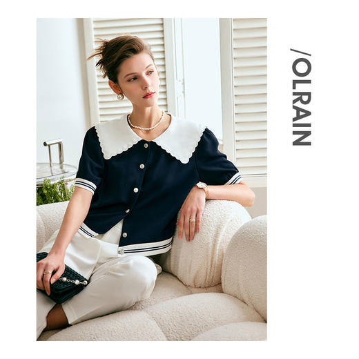 欧芮儿海军领衬衫女夏季2022年新款宽松减龄刺绣撞色设计感衬衣 商品图4