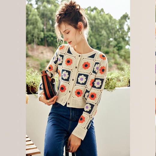 OLrain欧芮儿法式杏色针织开衫女秋季2022年新款复古修身圆领上衣 商品图1