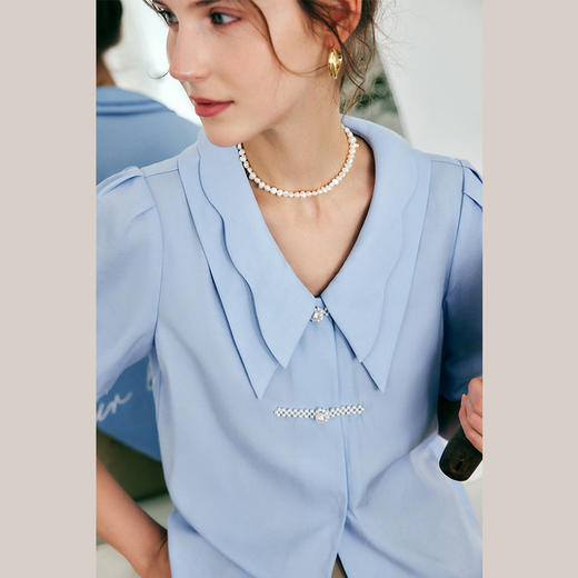 OLrain法式高级穿搭翻领衬衫女夏季2022年新款时尚宽松泡泡袖衬衣 商品图1