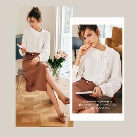 OLrain法式白色长袖雪纺蕾丝衫女早秋2022年新款不规则设计感衬衣