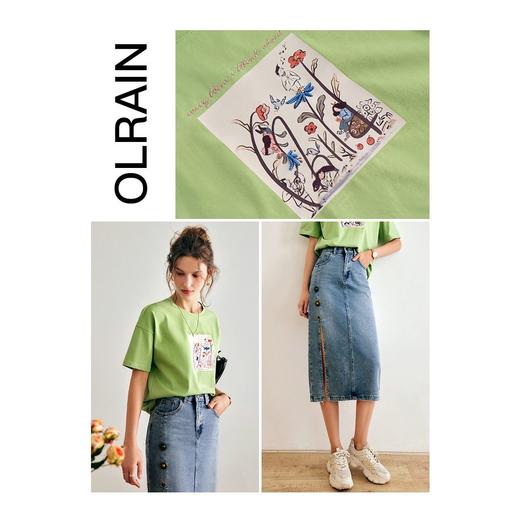 欧芮儿短袖T恤女夏季2022年新款宽松时尚印花钉珠休闲落肩袖上衣 商品图1