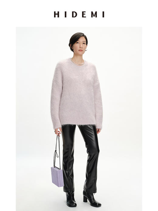 HIDEMI 羊驼毛臻品长毛绒感亲肤加厚廓形高级粉圆领大毛衣 商品图2