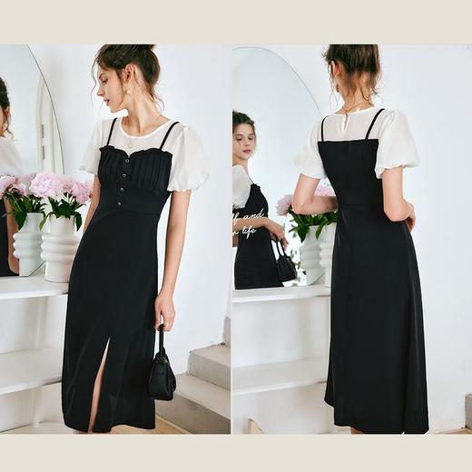 OLrain法式高级穿搭黑色短袖连衣裙女夏季2022新款吊带假两件裙子 商品图2