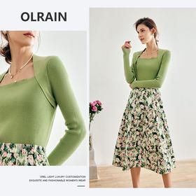 OLrain欧芮儿法式绿色套头针织衫女秋季2022年新款修身假两件毛衣