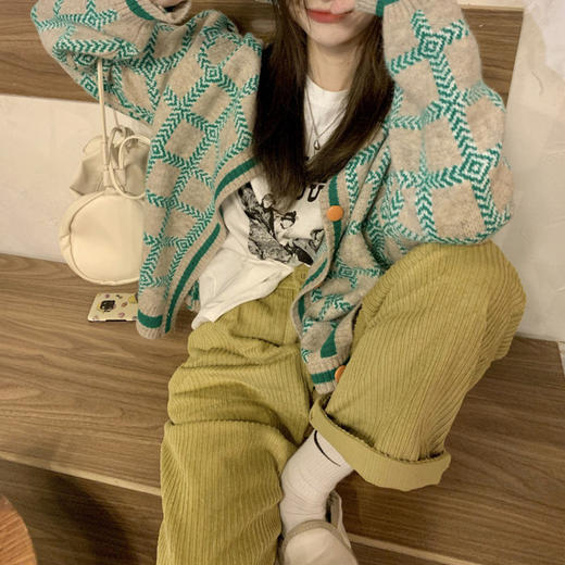 2022春秋新款日系复古慵懒撞色格子宽松针织开衫女毛衣外套上衣 商品图1