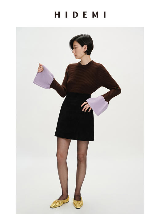 HIDEMI 美利奴羊毛撞色花苞灯笼袖坑条收身款圆领毛衣 商品图0