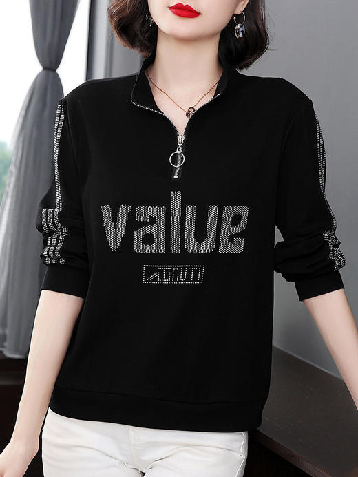 MZ 10074半高领拉链开扣棉质卫衣烫钻上衣 商品图0