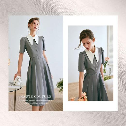 欧芮儿赫本风连衣裙女夏季2022新款收腰复古气质撞色设计感压褶裙 商品图0