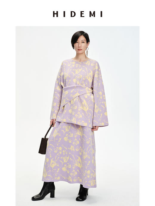HIDEMI 美利奴羊毛主题花卉系列圆领大廓形针织毛衣厚款三件套 大毛衣/半身裙/围巾 商品图3