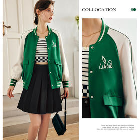 OLrain法式缎面短外套女早秋2022年新款宽松撞色刺绣高级感棒球服