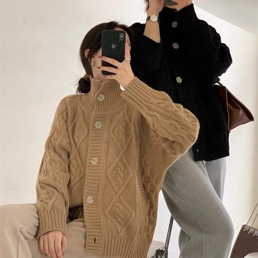 新款秋冬毛衣女外套开衫加厚麻花慵懒风复古韩版宽松高领针织衫冬 商品图0