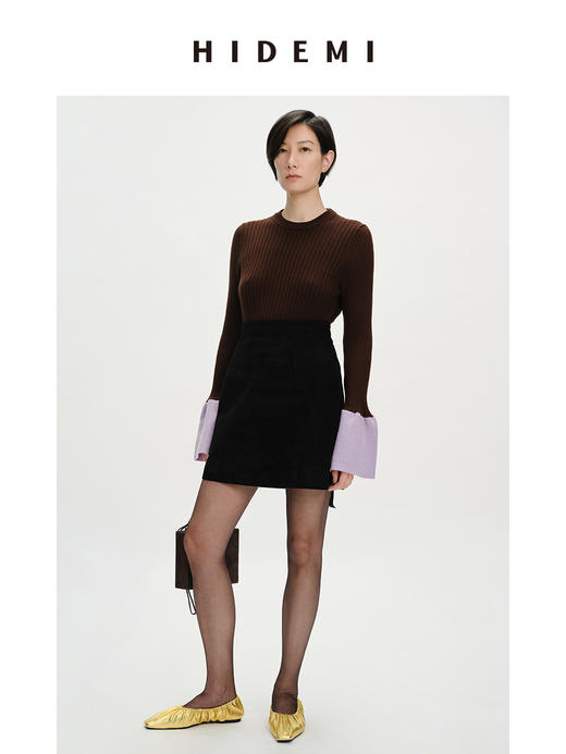 HIDEMI 美利奴羊毛撞色花苞灯笼袖坑条收身款圆领毛衣 商品图1