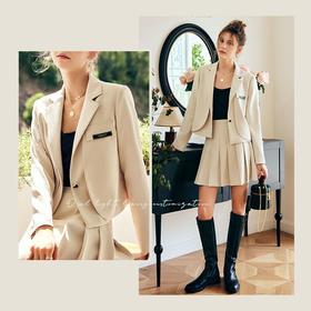 欧芮儿法式卡其色时尚套装女早秋2022新款外套百褶裙两件套