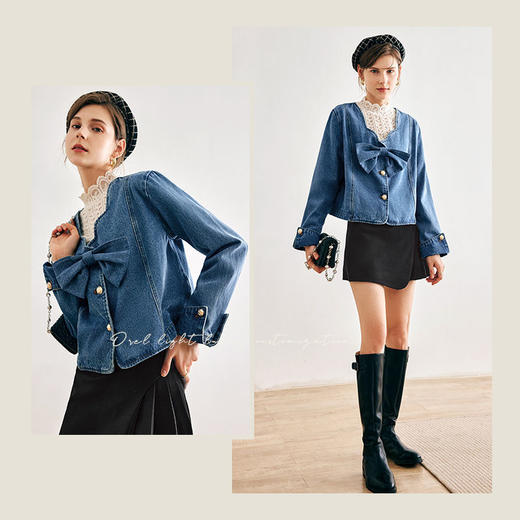 OLrain法式牛仔蓝短外套女早秋2022年新款设计感蝴蝶结花瓣领上衣 商品图0