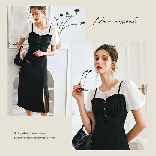 OLrain法式高级穿搭黑色短袖连衣裙女夏季2022新款吊带假两件裙子 商品图3