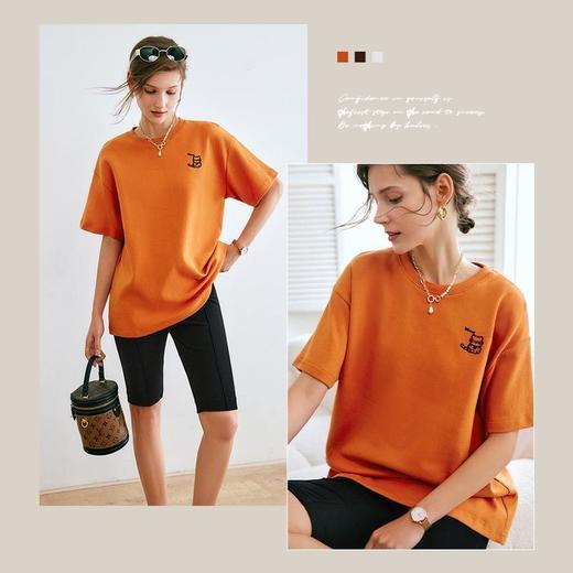 欧芮儿刺绣短袖t恤女夏季2022年新款时尚宽松中长款针织圆领上衣 商品图3