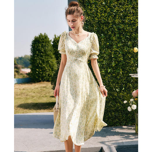 欧芮儿碎花雪纺连衣裙女春装2022年新款收腰法式V领冰爽薄款裙子 商品图4